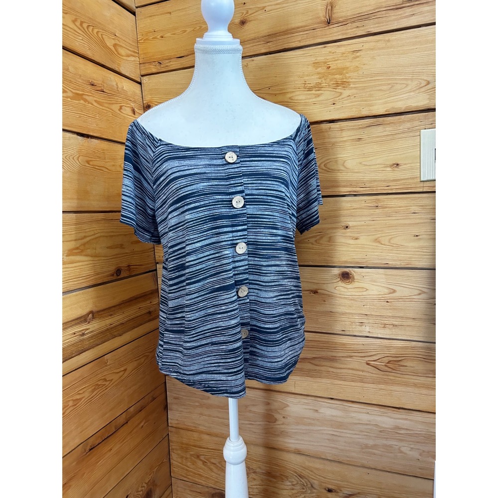 Retrology Navy White Striped Button‎ Front Off Shoulder Knit Top Small RN114186
